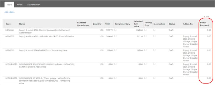 bonus payment column in quote view within FRN office