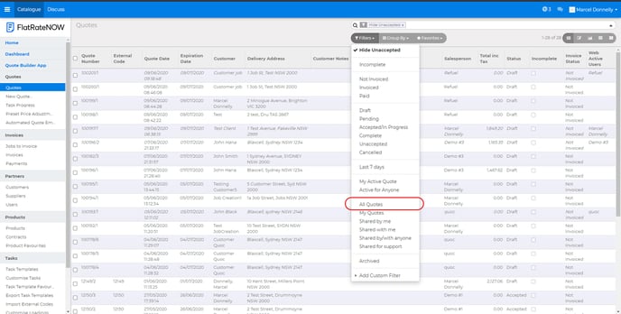 all quotes filter in quote view
